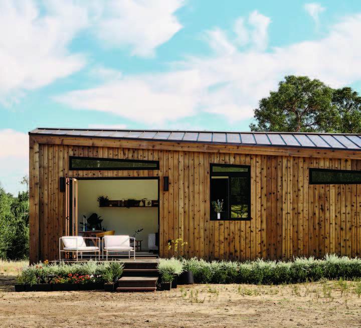 Exterior partial view of a factory-built accessory dwelling unit.