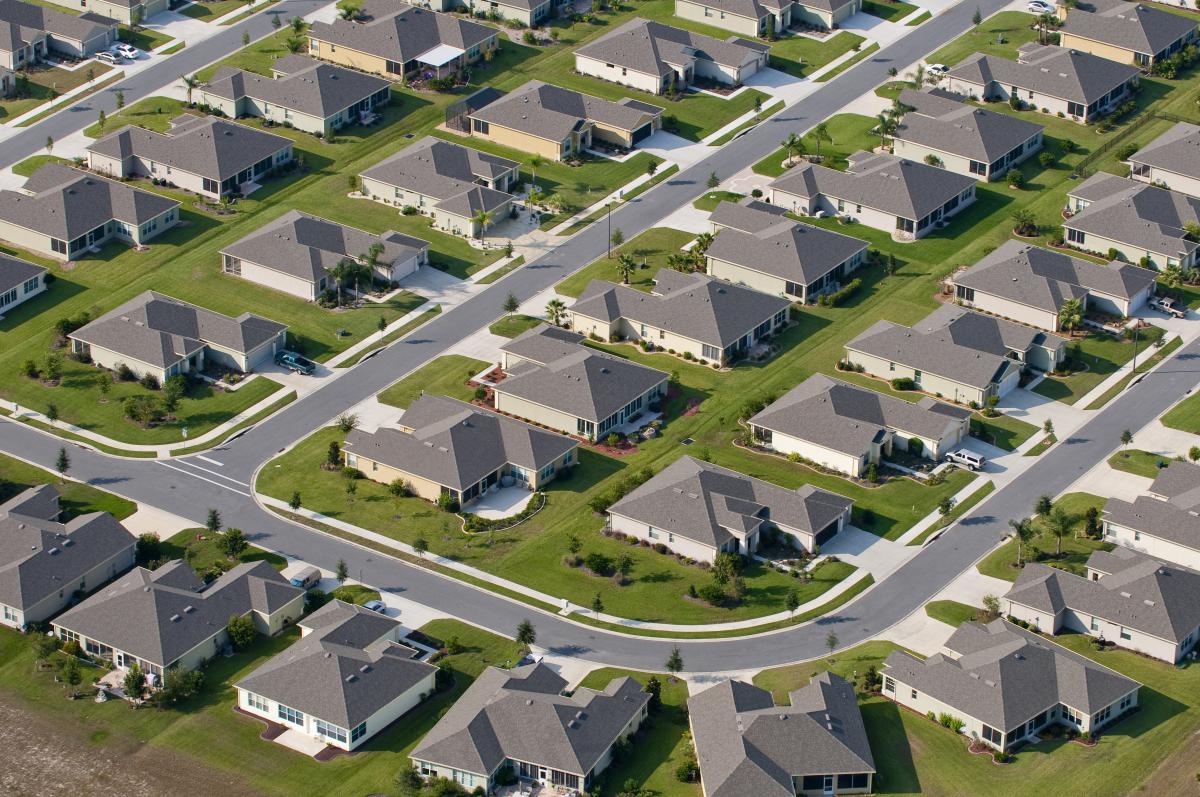 An aerial view of a single-family residential subdivision.