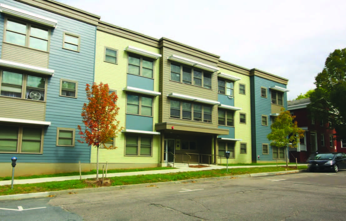 Front view of a multiunit transitional housing facility for women.