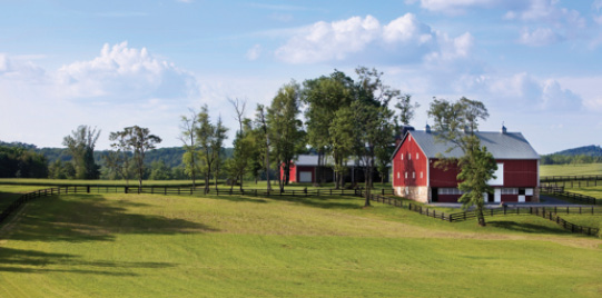 Photo shows a red farm house in the middle of a green field with trees and fencing.