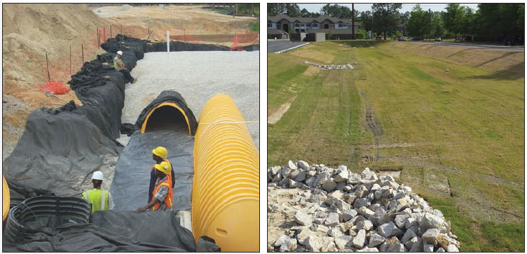 Two photos showing workers installing yellow pipes below a layer of gravel and a sloped grass field.