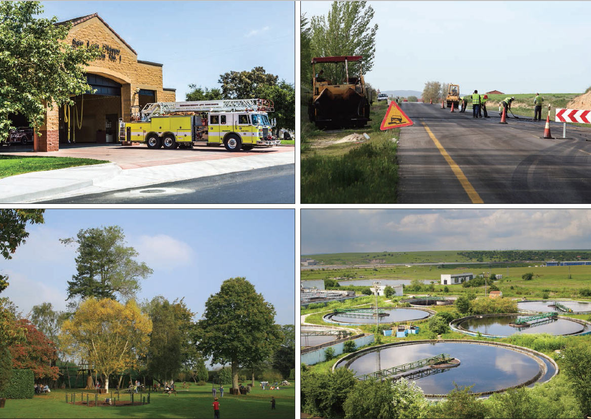 A collage of four photos showing a firetruck parked outside a fire station.