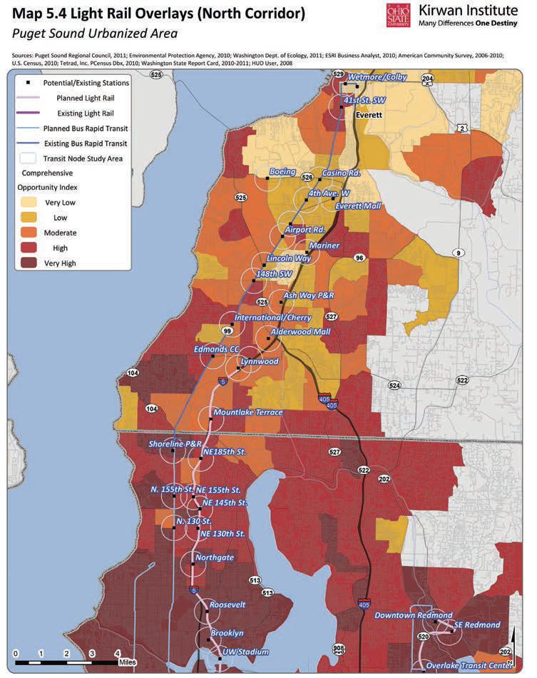 A map showing different opportunity areas and light rail lines in the Puget Sound region.