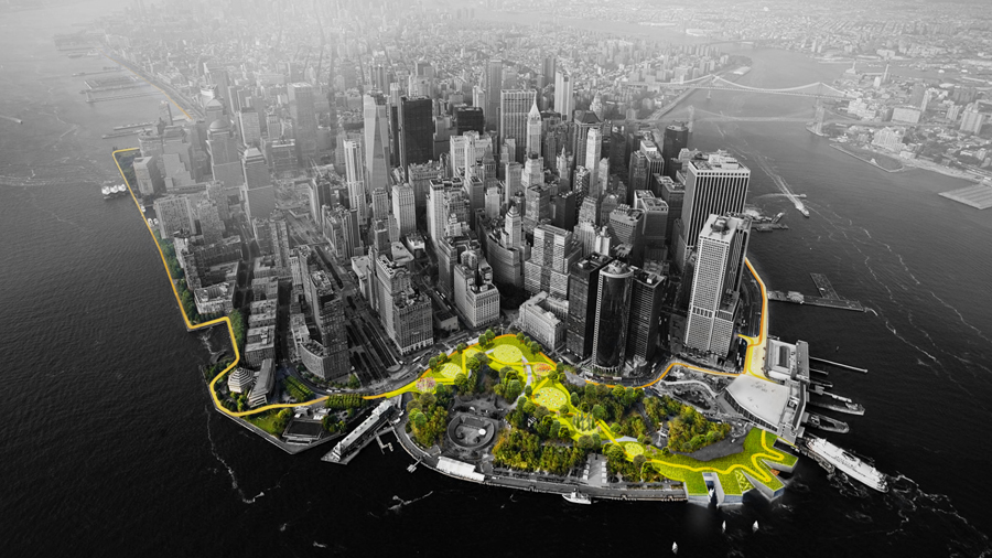 Low angle aerial rendering of the Manhattan sky-line featuring a proposed natural space along the city’s waterfront.