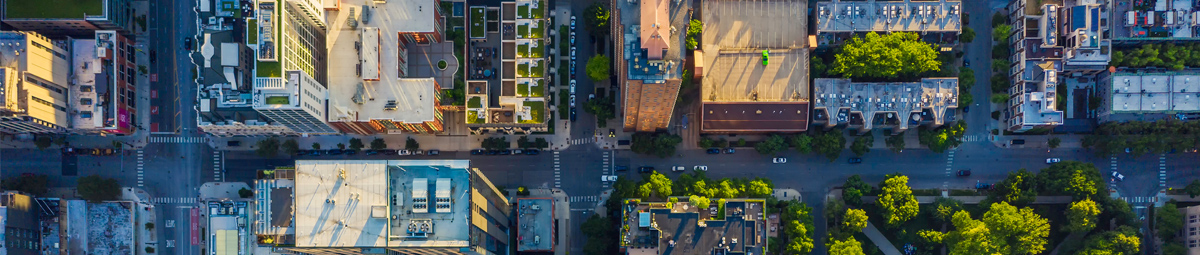 Top-down ariel view of Chicago skyline.