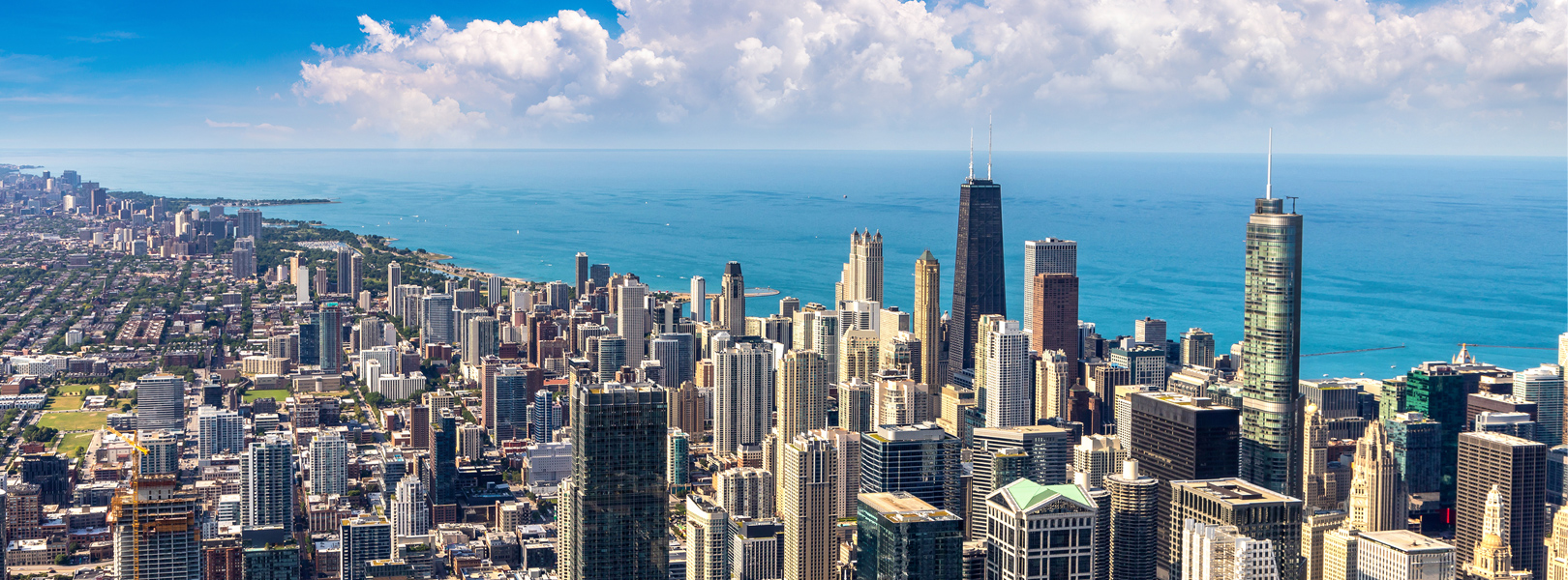 Chicago skyline with Lake Michigan in the background.