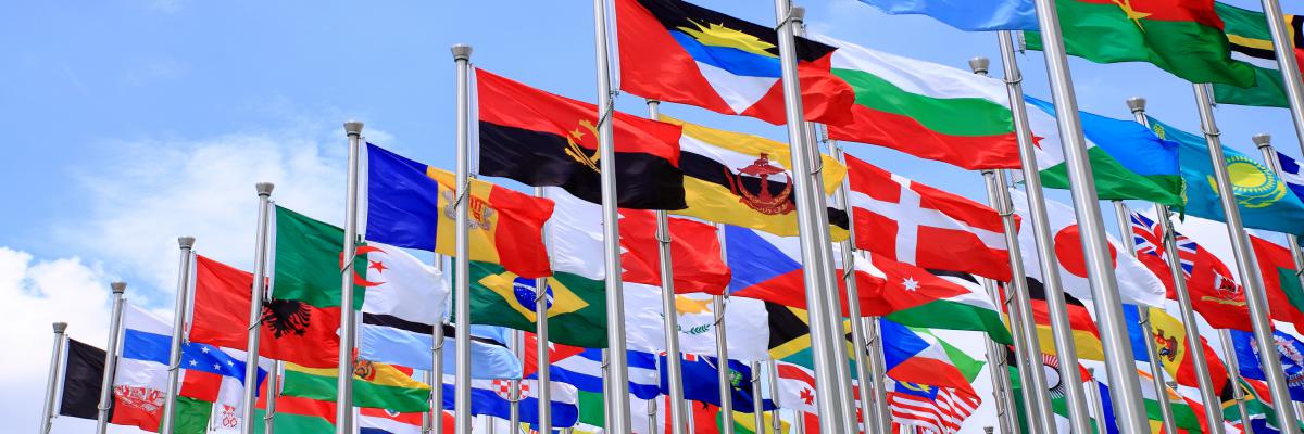 Flags of the world with a blue sky and clouds.