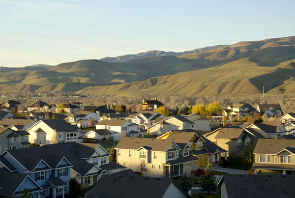 A residential area in Boise, Idaho with hills in the background.