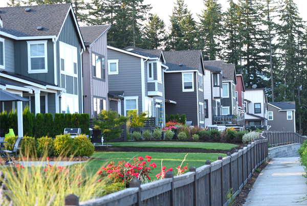 A row of houses with front lawns.