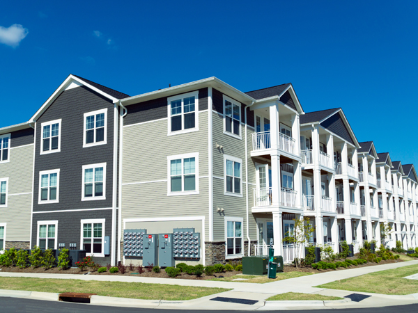 Photo of a suburban apartment building.