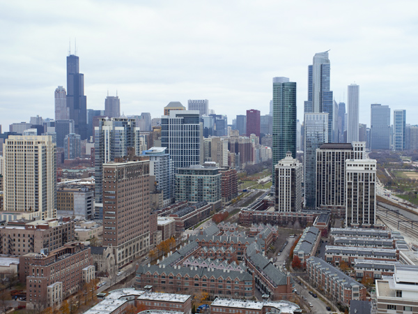 Aerial view of high-rise buildings in downtown Chicago.