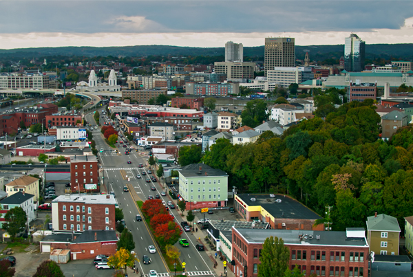Aerial view of downtown Worcester, Massachusetts.