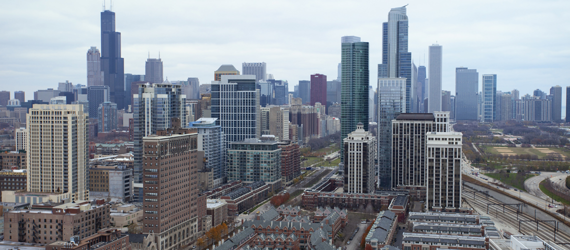 Aerial view of high-rise buildings in downtown Chicago.