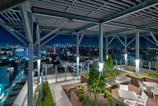 A landscaped roof deck that contains seating with views of the Bronx neighborhood in the background.