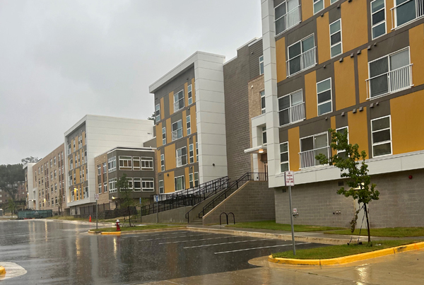 Exterior of four-story apartment buildings