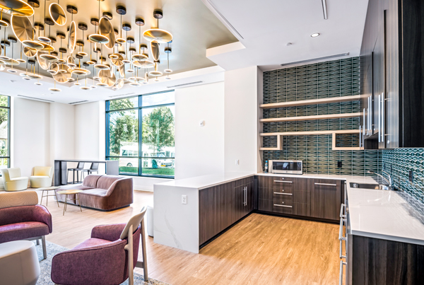 A modern apartment building community room with kitchen and seating areas.