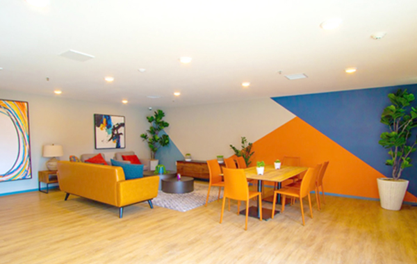 Photograph of indoor living area with sofas, chairs, and a dining table.