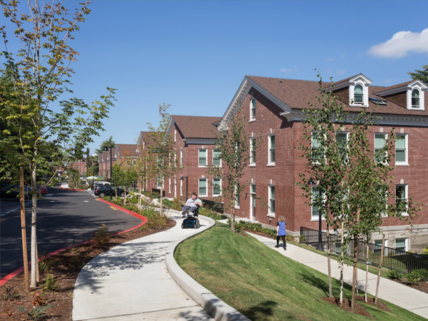 Photo of the exterior of the units at Mercy Magnuson Place. 