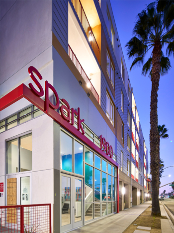 Perspective photograph of a building with signage reading “spark 1900” and sidewalk with landscaping and palm trees.  