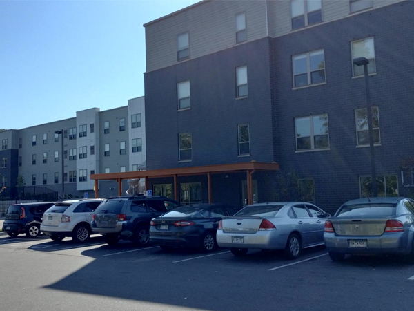 Photo of a parking lot behind the Cahill Place building.