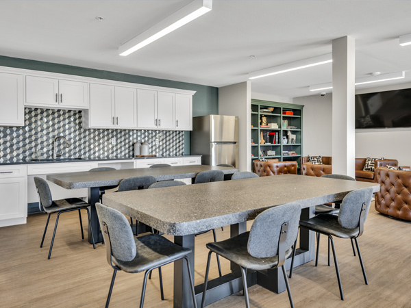  Photo of an apartment community area that contains a kitchenette along the back wall, a lounge area with chairs and a tv, and two tables with chairs in the foreground. 