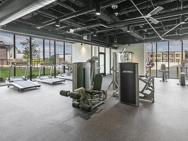 A spacious, airy gym space with large windows and an array of cardio and strength-training equipment.