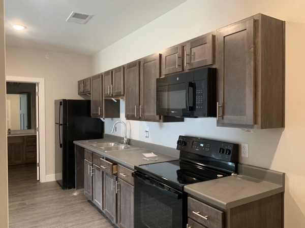 A modern kitchen featuring stainless steel appliances and wood cabinets.