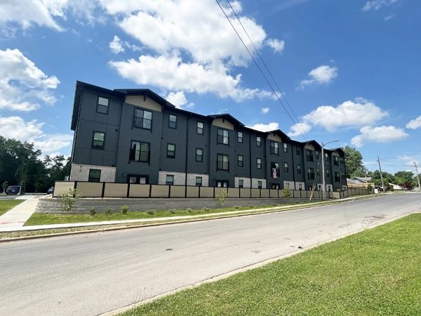 Exterior of Nordic Landing on the corner of a street.