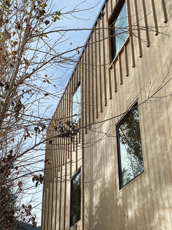Exterior corner view of a condominium building with wood siding. 