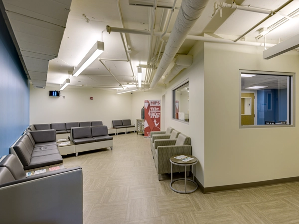 An empty waiting room in a medical clinic.