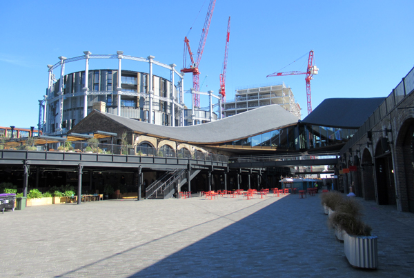 King's Cross Coal Drops Yard (foreground) and the Gasholders apartments (background).