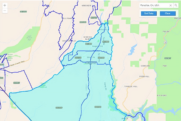 Census tract outline of Paradise, California.