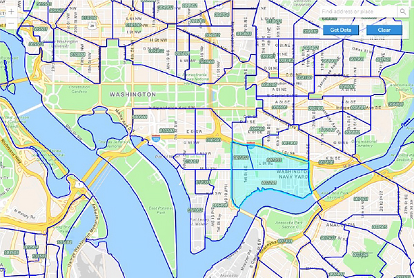 Census tract outline of the Navy Yard neighborhood in Washington, D.C.