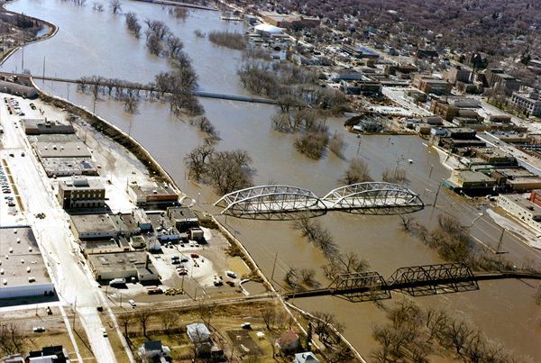 The Red River in Grand Forks, North Dakota and East Grand Forks, Minnesota experiencing a flood.