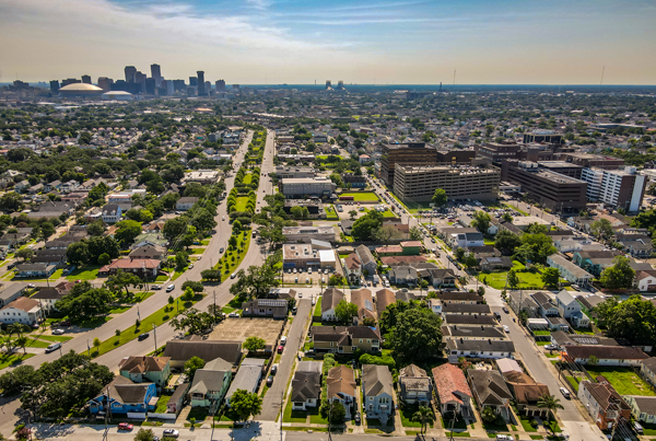 An aerial view of downtown New Orleans from the mid-city district.
