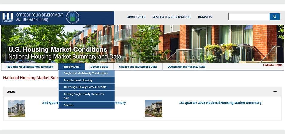 Screenshot of the U.S. Housing Market Conditions webpage with the dropdown menu for "Supply Data" open.