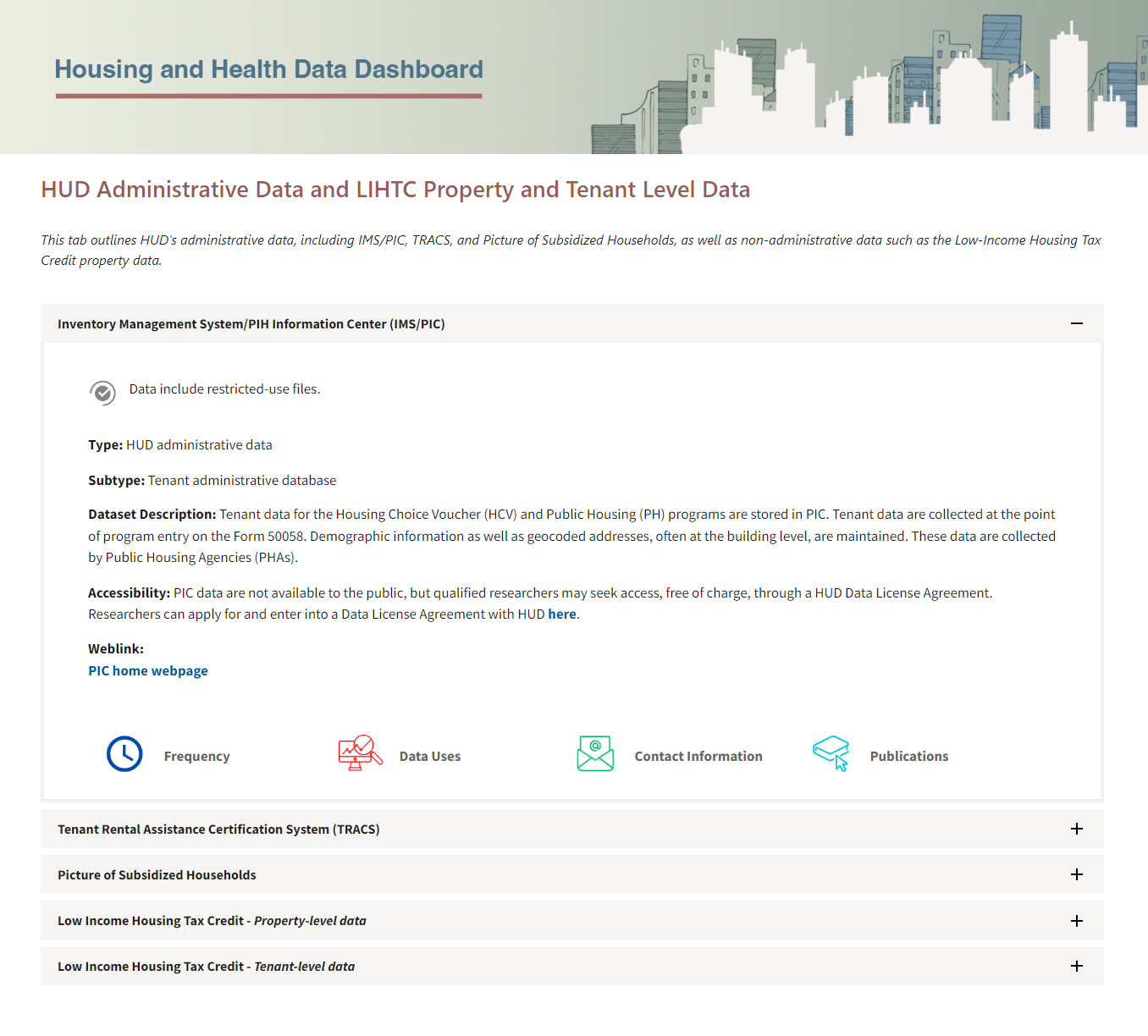 Screenshot of the Housing and Health Data Dashboard webpage.