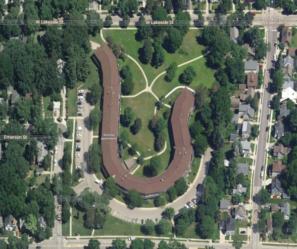 Aerial view of 540 West Olin Avenue in Madison, Wisconsin.