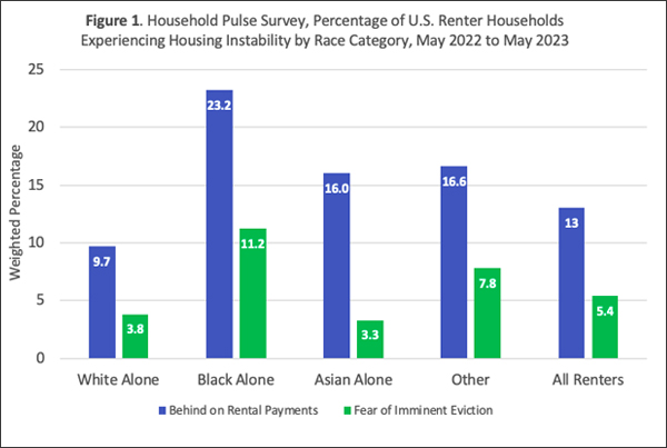 Bar graph of the percentage of U.S. renter households experiencing housing instability by race category, broken down by "behind on rental payments" and "fear of imminent eviction."