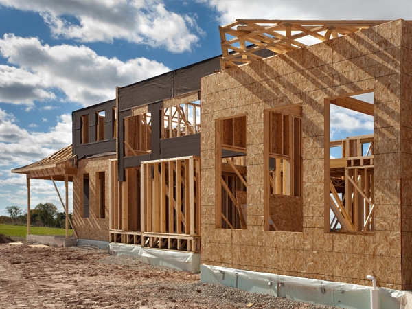 An under-construction house with wooden beams and scaffolding, showcasing the early stages of building development.