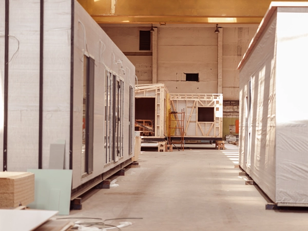 Prefabricated houses under construction in a large building.