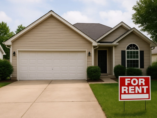A house with a "For Rent" sign in front.