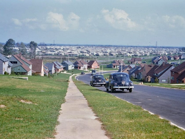 Wide-angle view of a single-family residential suburban development.