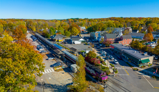 Commuter train at transit station in Concord, Massachusetts. 