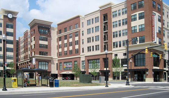 Multistory mixed-use buildings.