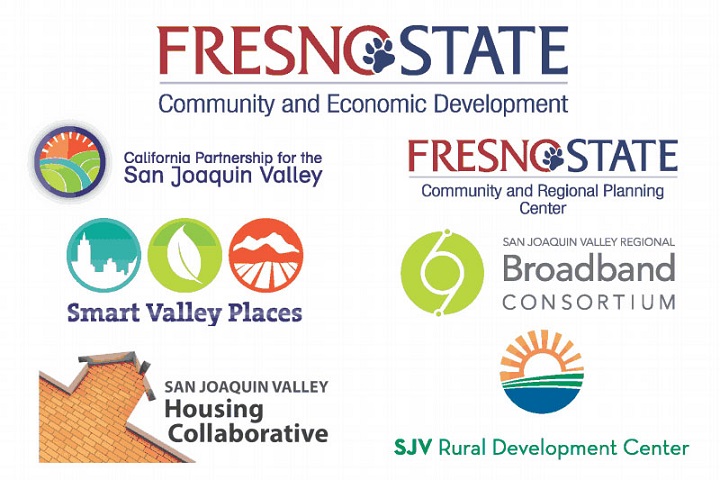 Composite image of logos for CSU Fresno OCED and several initiatives the office participates in: California Partnership for the San Joaquin Valley, Smart Valley Places, San Joaquin Valley Housing Collaborative, CSU Fresno Community and Regional Planning Center, San Joaquin Valley Regional Broadband Consortium, and SJV Rural Development Center.