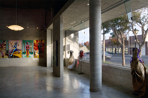 The first-floor commercial space was used to exhibit art work shortly after the building opened (courtesy of Kelly Barrie, Panic Studio LA). 