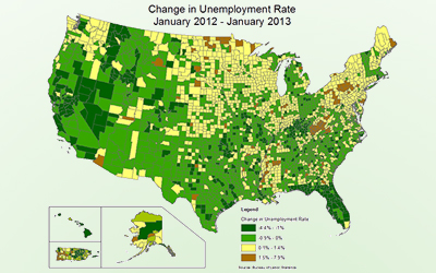 Map of the United States showing the change in unemployment rate by county between January 2012-January 2013. 