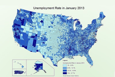 Map of the United States showing the unemployment rate by county in January 2013.