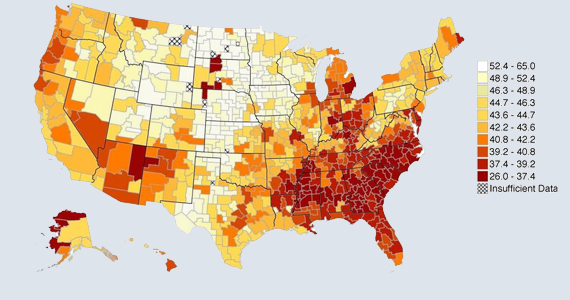 Map depicting economic mobility in the United States through colors ranging from pale yellow to dark red. Darker colors, concentrated in the South, indicate areas in which children from low-income families are less likely to move up in the income distribution, and lighter colors, prevalent in the Midwest, represent areas in which the prospects for economic mobility are higher.